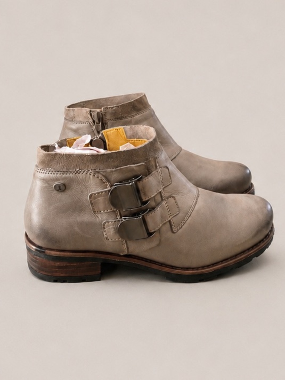 JAFA 401 Womens Gray Pearl Leather Ankle Boots Double Buckle Side Zip 38 7.5-8